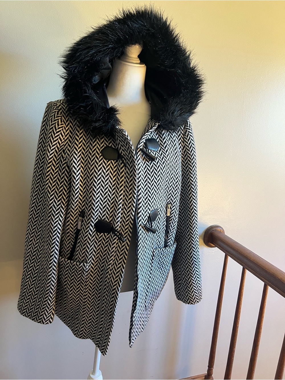 New York & Company Black and White Herringbone Cheveron Faux-Fur Coat